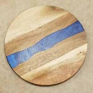Stunning Round Wooden Handcrafted Cutting Board with Inlay Center Blue Design